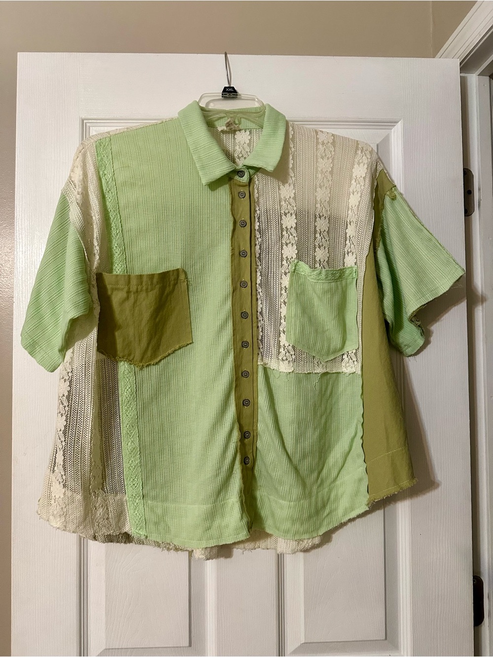 POL Men's Patchwork Button-Down Shirt in Light Green and Olive